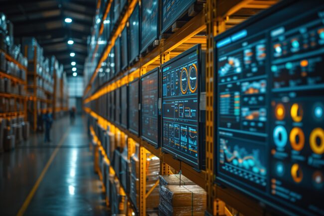 An aisle in a modern warehouse with digital data displays, indicative of advanced inventory management