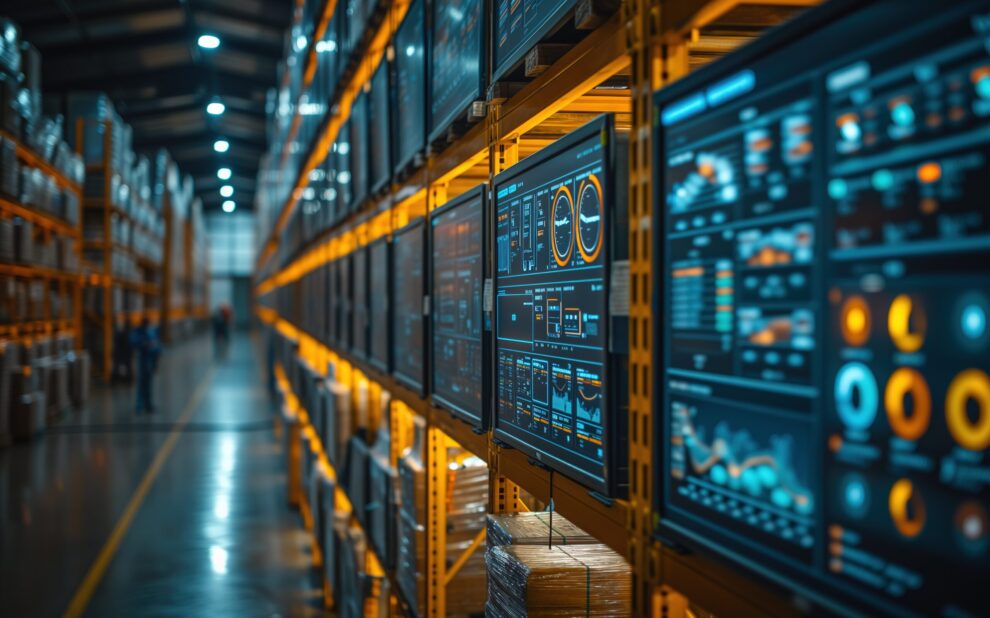 An aisle in a modern warehouse with digital data displays, indicative of advanced inventory management