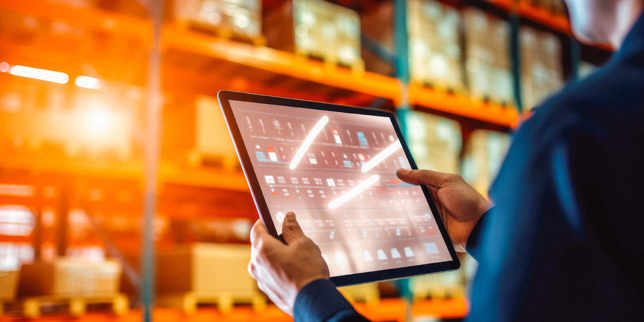 Smart warehouse inventory management concept. Manager of warehou