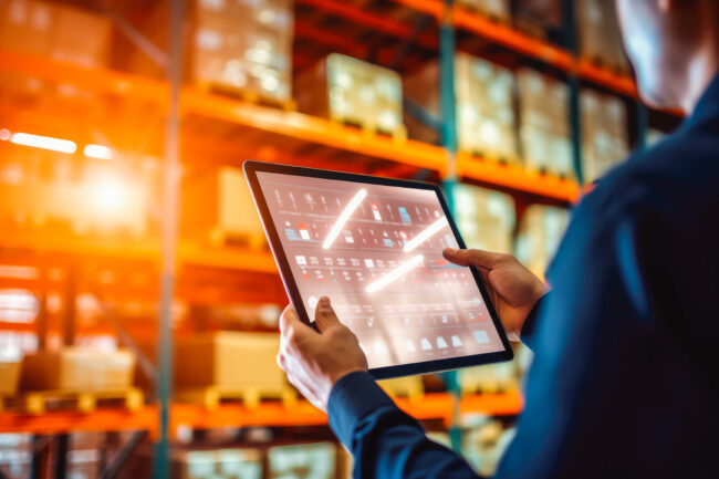 Smart warehouse inventory management concept. Manager of warehou