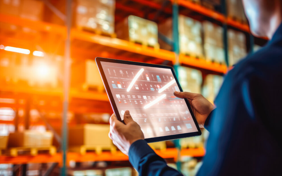 Smart warehouse inventory management concept. Manager of warehou